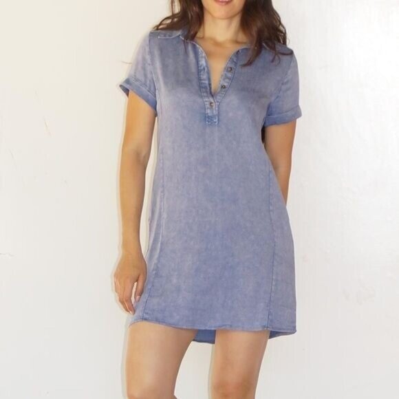 Mono B Dresses & Skirts - Mono B Blue Vintage Inspired Short Sleeve Dress Shirt Dress Size M, L